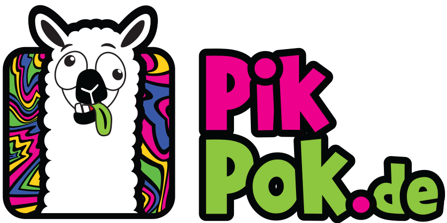 Das Logo von PikPok.de mit einem stilisierten weißen Lama, das eine bunte Zunge herausstreckt, umgeben von einem psychedelischen, farbenfrohen Muster. Neben dem Lama stehen die Worte 'PikPok.de' in großen, pinken Buchstaben.